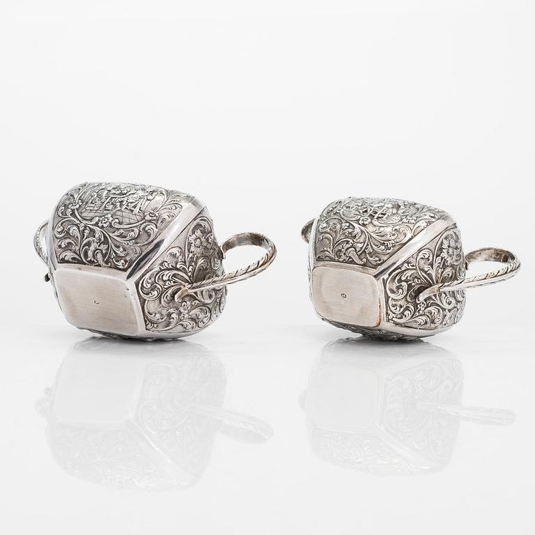 A 1940s Dutch silver sugar bowl and cream jug on a tray, Amsterdam, 1947 and 1942.