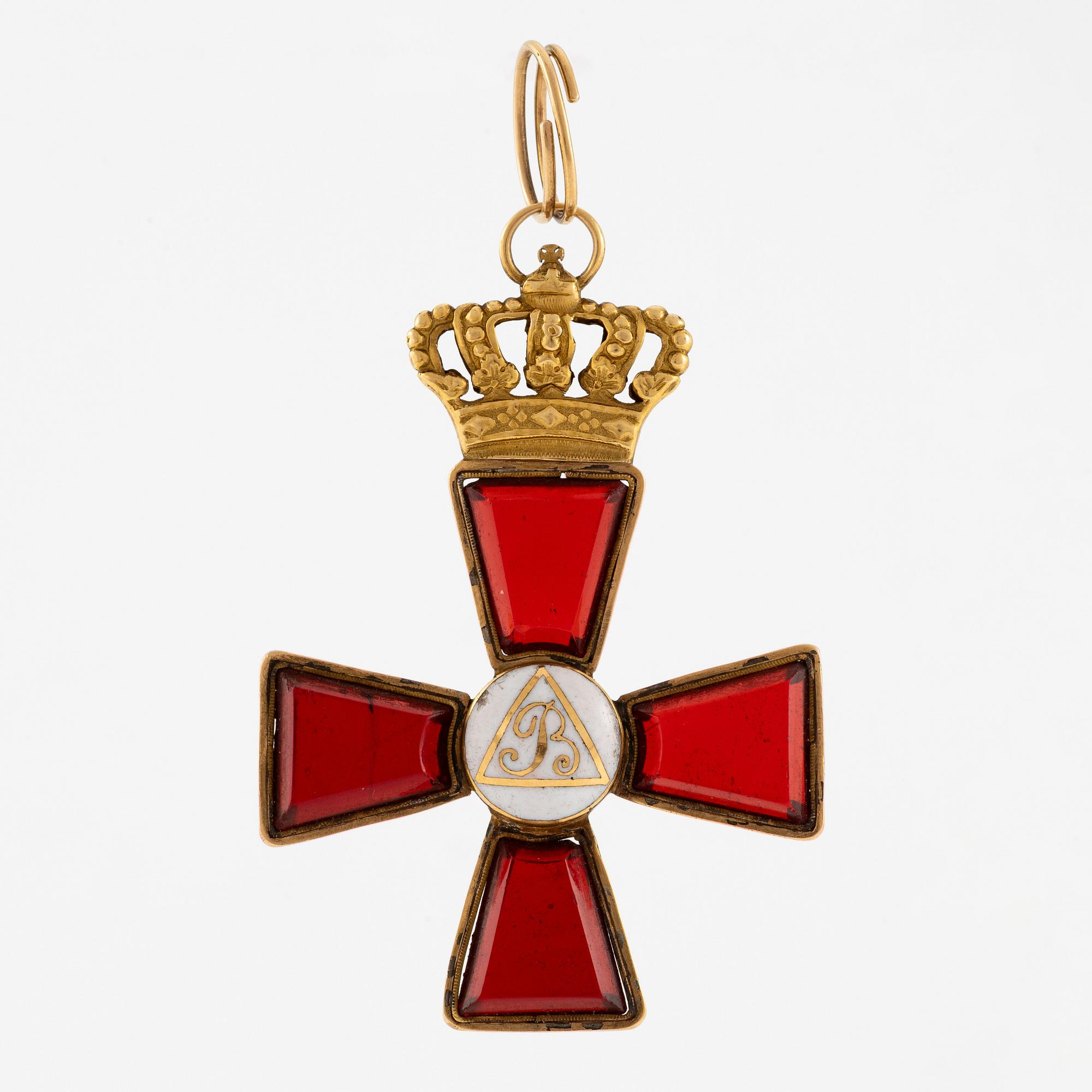 A gold, enamel and ruby glass neck cross of the Order of Charles XIII, presumably early 19th century.