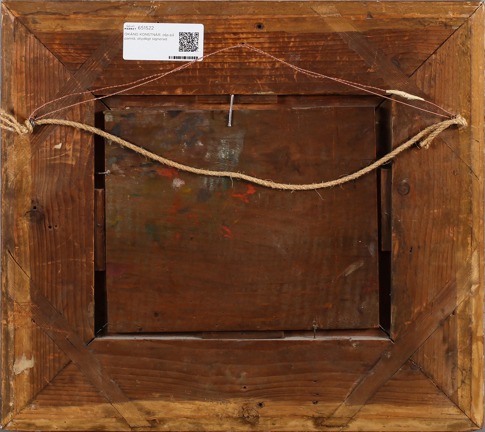 OKÄND KONSTNÄR, olja på pannå, otydligt signerad, sannolikt 1800-tal.