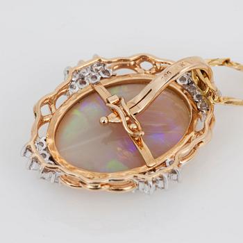 A opal, 22x16 mm, and diamond necklace.