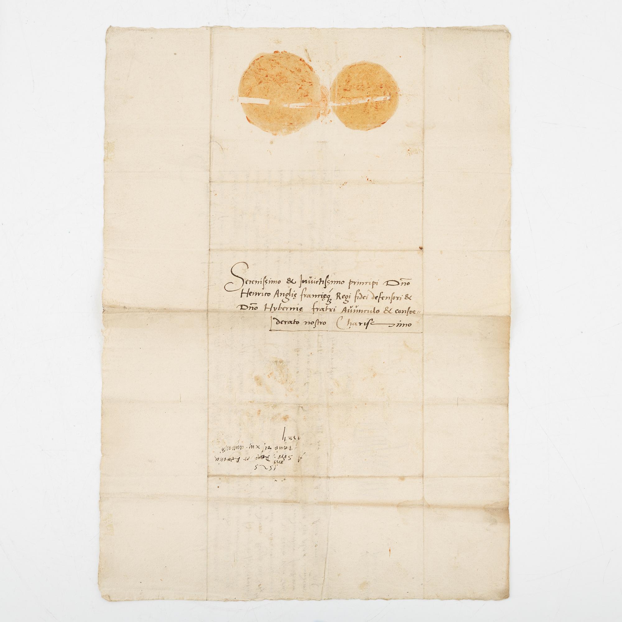 Original letter signed from Danish King Kristian II to King Henry VIII of England.