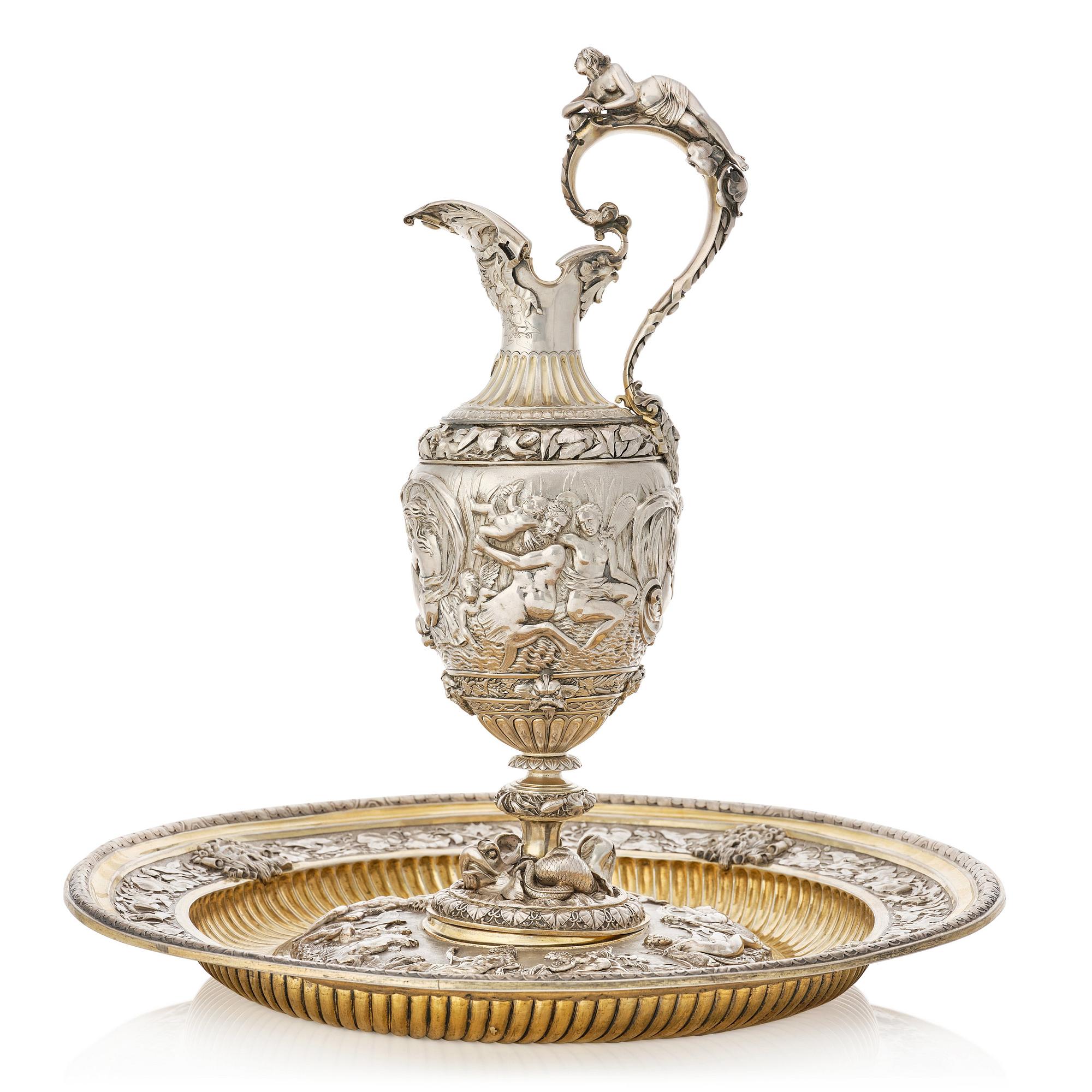 Frédéric Rudolphi, kanna och fat, silver, (Paris 1842-1872). Renässans-stil.