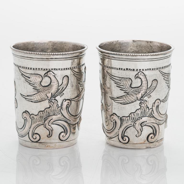 A pair of late 18th-century silver beakers, unknown maker's mark, alderman Alexei Kosirev, Moscow 1791.