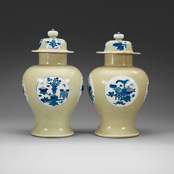 A set of two celadon glazed and blue and white jars, Qing dynasty, 18th Century.