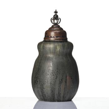 Patrick Nordström, a stoneware urn with a patinated metal cover, Royal Copenhagen, Denmark 1914.