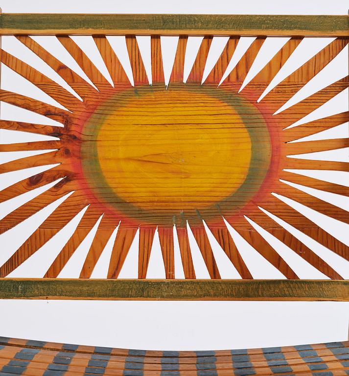 Gérard Rigot, a sculpted and painted oak chair, exectued in his studio, France, second half of the 20th century.