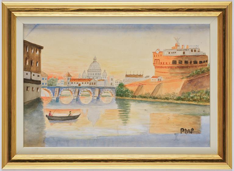 Primus Mortimer Pettersson, "Utsikt över Tibern i Rom med Peterskyrkan och Engelsborg".