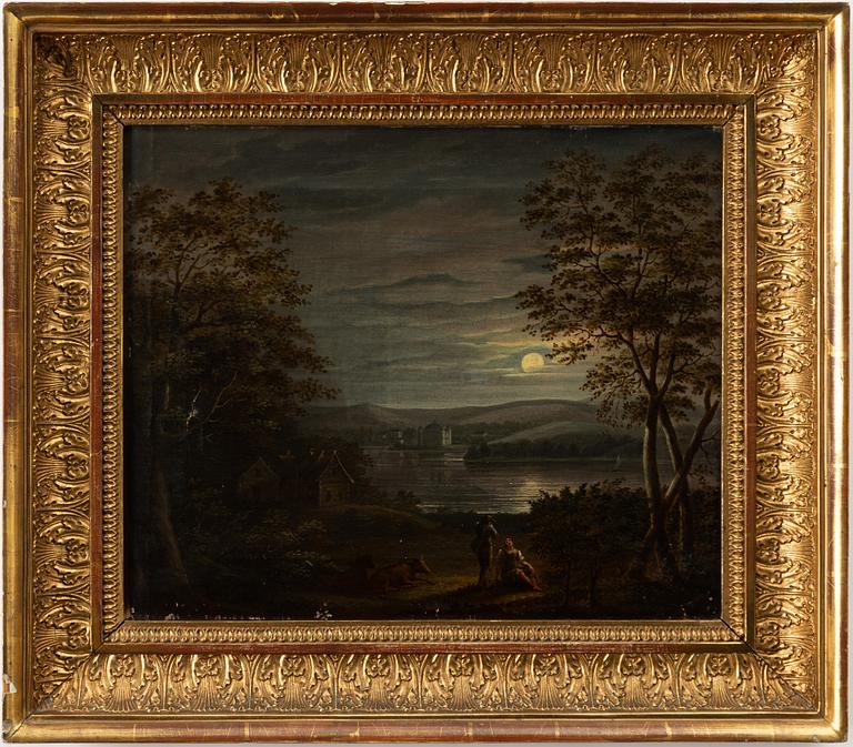 Carl Johan Fahlcrantz, attributed to, Moonlit landscape with figures and a castle.