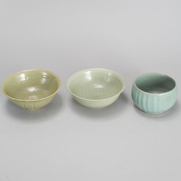 A group of three celadon bowl, South East Asia, 17th Century and later.