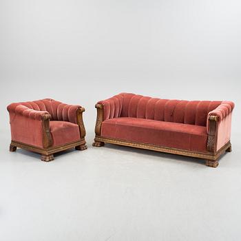 A 1920'S SOFA AND CHAIR.