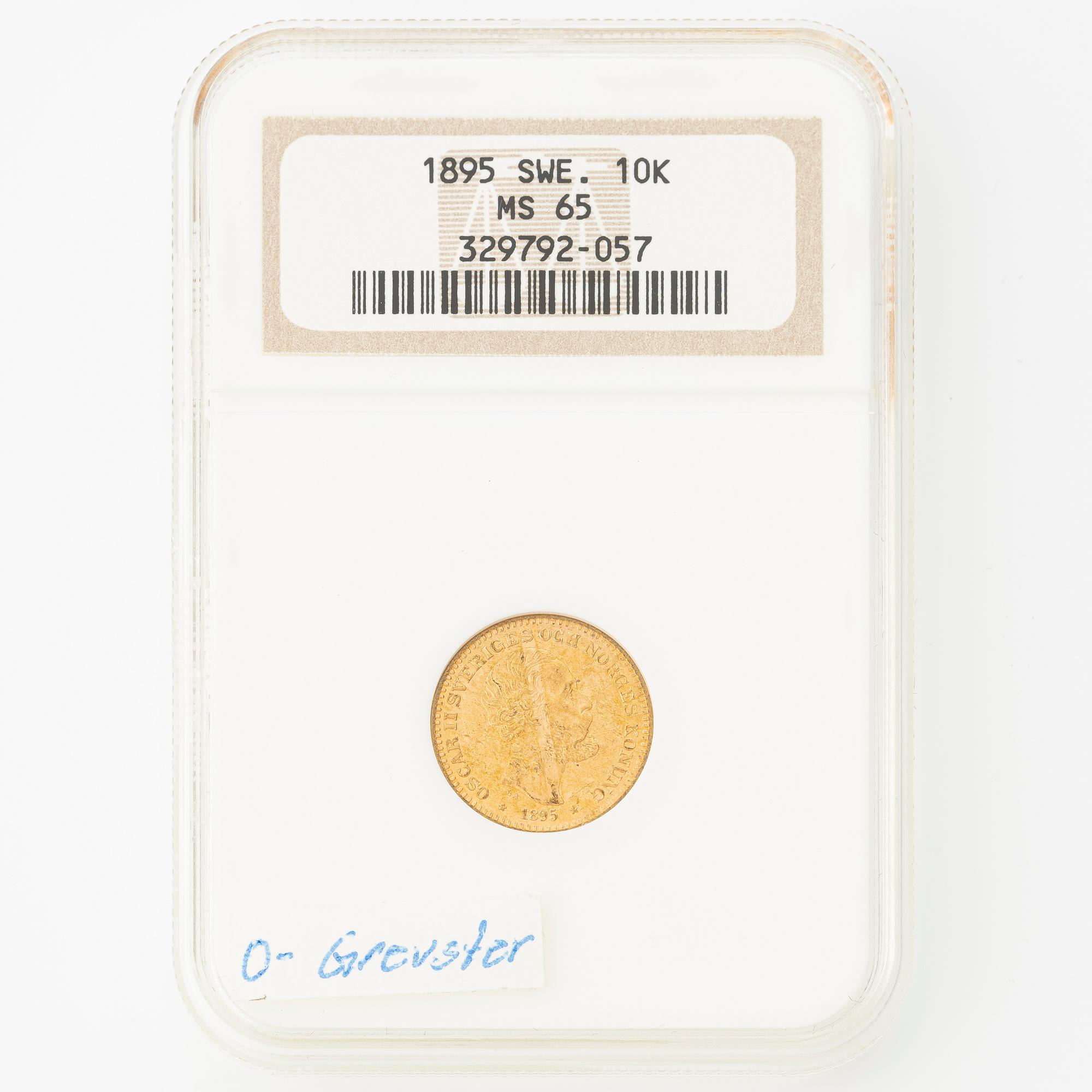 Gold coin, Oscar II, 10 kronor, type II, Sweden 1895.