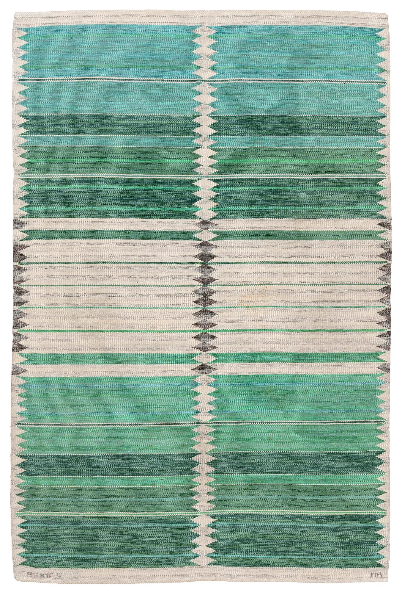 Marianne Richter, a "Rosita, grön" carpet, flat weave, c. 260 x 173 cm, signed AB MMF V MR.