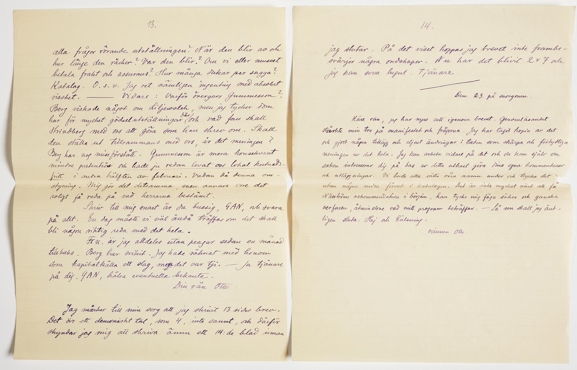 LETTER from Otto G. Carlsund to GAN (Gösta Adrian-Nilsson) in Lund, dated Stjärnhof 22.8.(19)28.