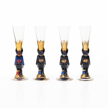 Gunnar Cyrén, four shot glasses, 'Djävulsglas', Nobel, Orrefors.