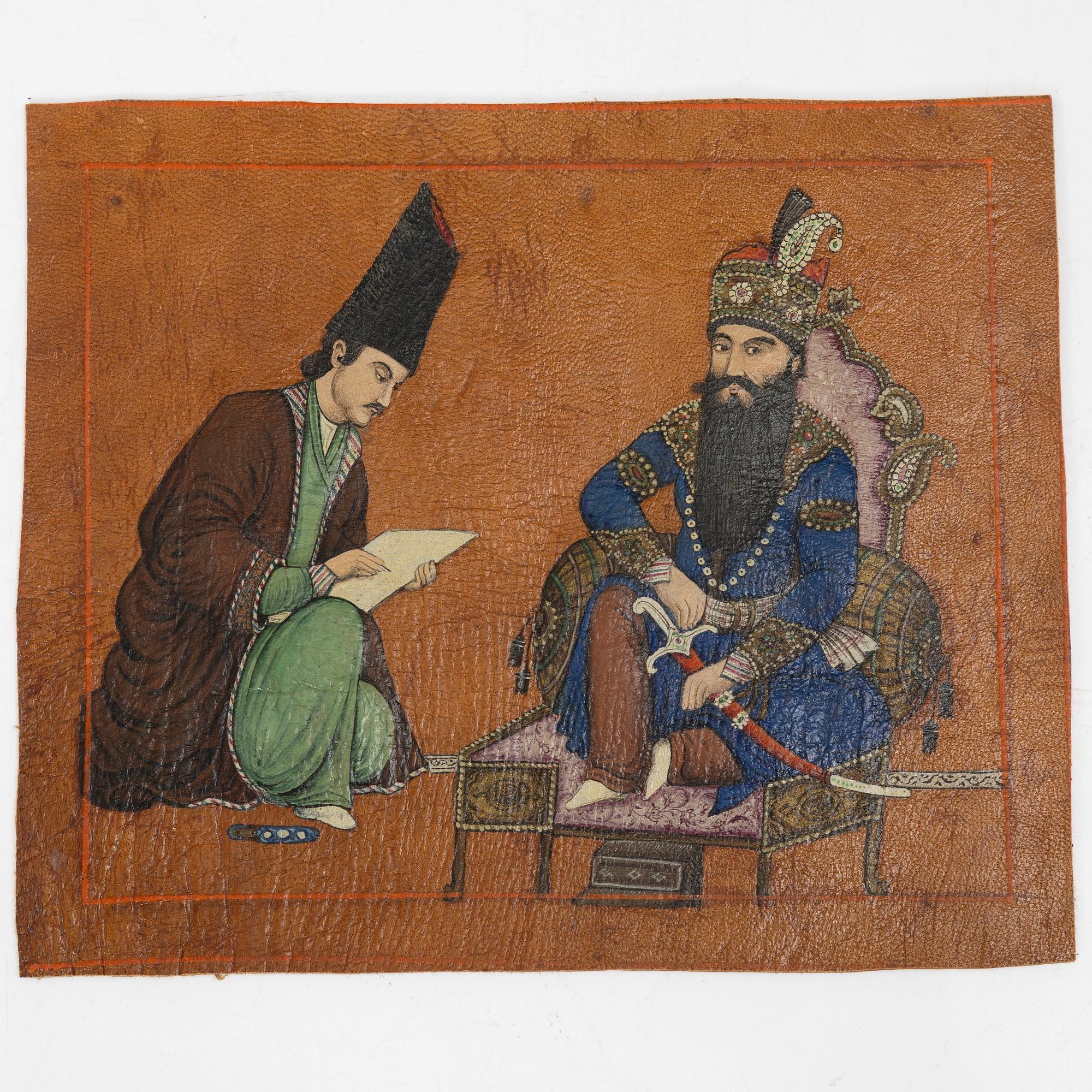 Unidentified artist, three paintings on leather, Iran, late Qajar dynasty/20th century.
