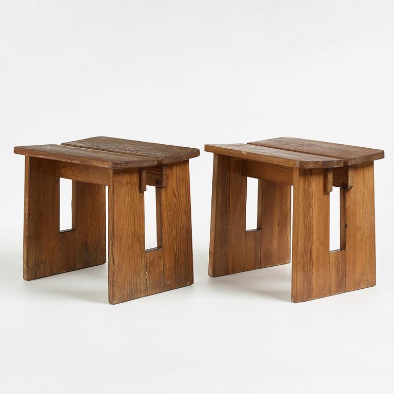 Axel Einar Hjorth, two stained pine "Skoga" stools, Nordiska Kompaniet, Sweden 1930's.