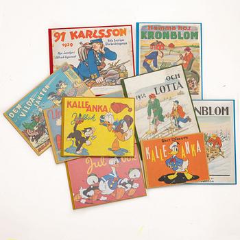 Bound books/comic books, 9 pcs, including “Kalle Anka” 1941, “Kalle Ankas Julbok” 1942 & 1946, and “Musse Piggs Julbok” 1939.