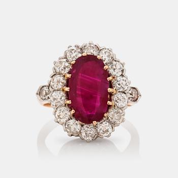 A circa 3.00 ct burmese ruby and old cut diamond cluster ring. Certificate from GCS.