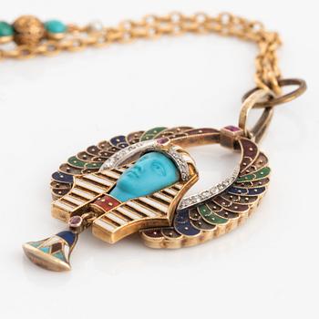 Gold with enamel and turquoise, seed pearls, rose cut diamond and ruby egyptian style necklace 1800's.