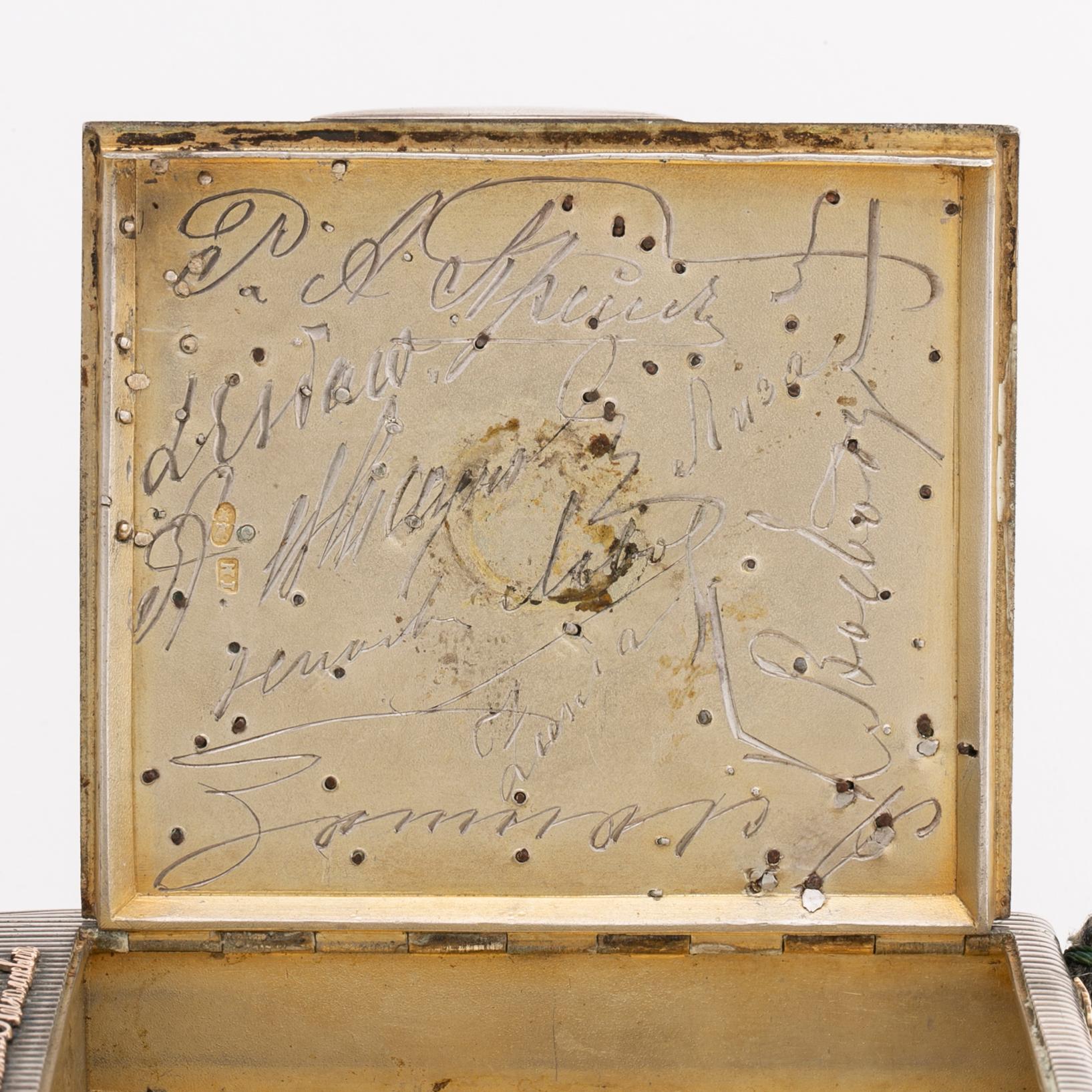 Silver box, gold, enamel, rose-cut diamonds, saphires and rubies (possibly synthetic), silk chord, St Petersburg.