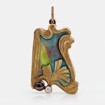 A Fedor Lorie pendant/frame, enamelled 14K gold and silver set with an old-cut diamond and banded agate.