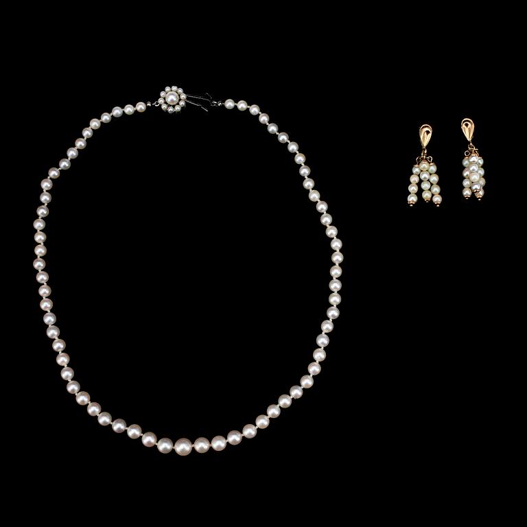 COLLIER samt ÖRHÄNGEN, 3 delar, odlade pärlor, lås i 18k vitguld, 1900-talets andra hälft.