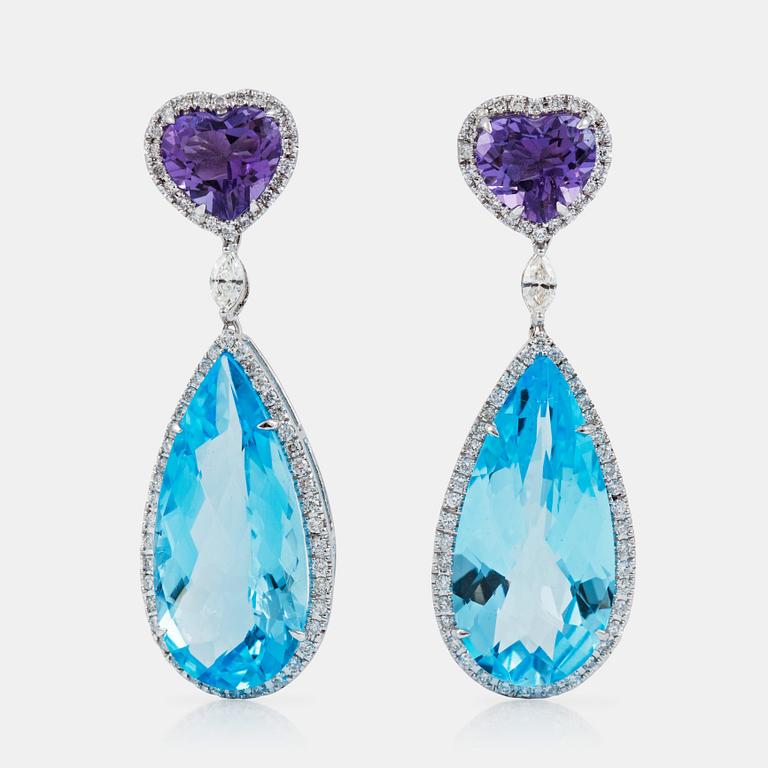 A pair of blue topaz, circa 30 cts, amethyst, circa 4 cts and diamond, circa 1.20 cts, earrings.