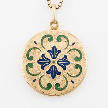 Pendant with photo locket, 18K gold and enamel, with 18K gold chain.