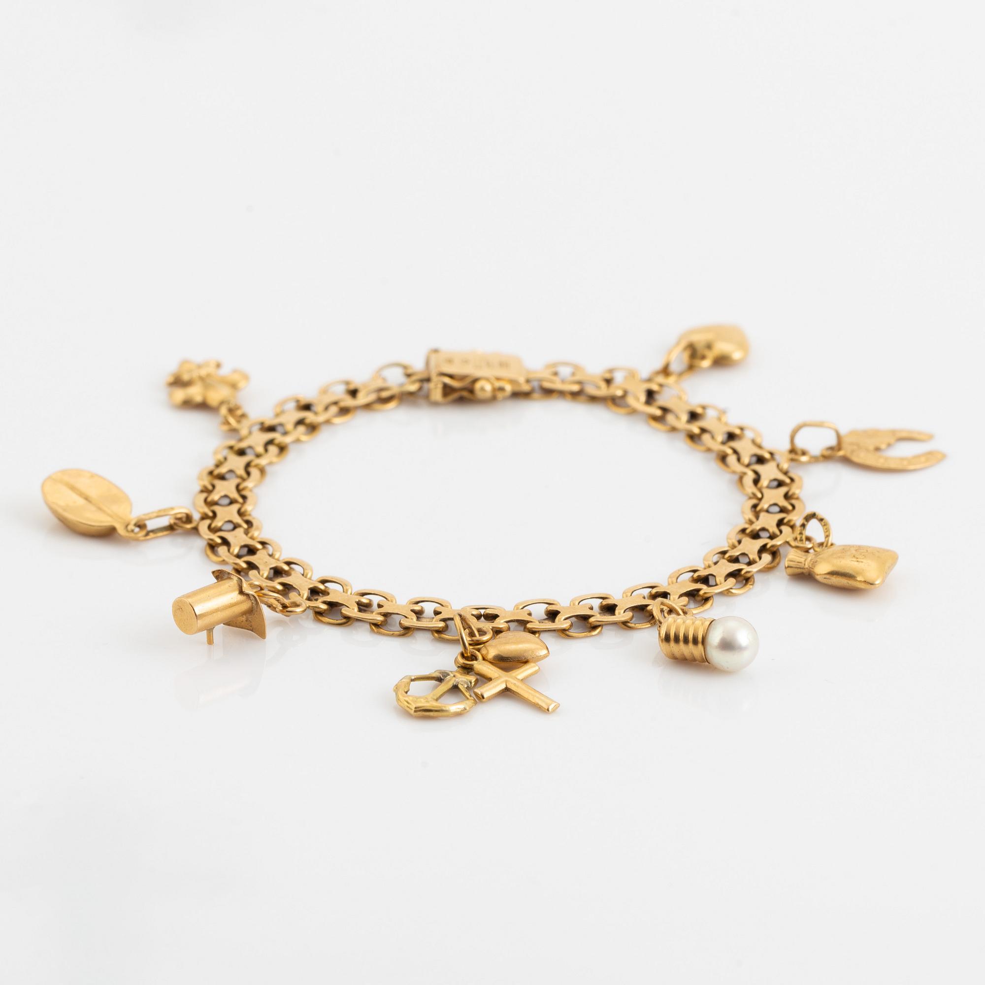 Armband, x-länk, 18K guld, med berlocker.