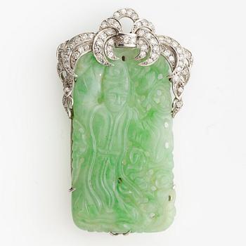 Brooch, platinum with carved jade and octagon-cut diamonds.