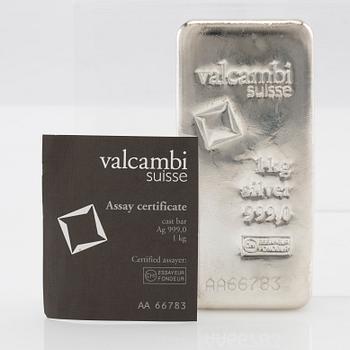 Silver bar 1kg 999 Valcambi Suisse.