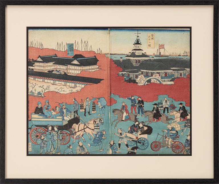 Utagawa Yoshitora, a colour woodblock print, 'Bustling Traffic in Tokyo, Tsukiji Hotel', Japan, second half of the 19th century.
