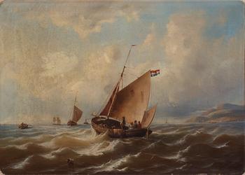 820. Ferdinand Friedrich Weiss, Marine with sailing ship off the coast.