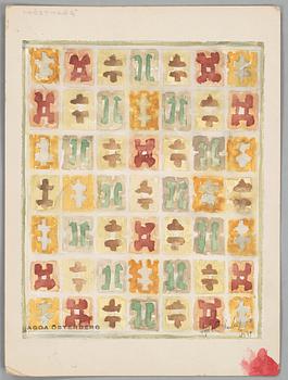CARPET SKETCHES, 4 sheets. Watercolour and graphite. Three by Agda Österberg and one by Astrid Nyström.