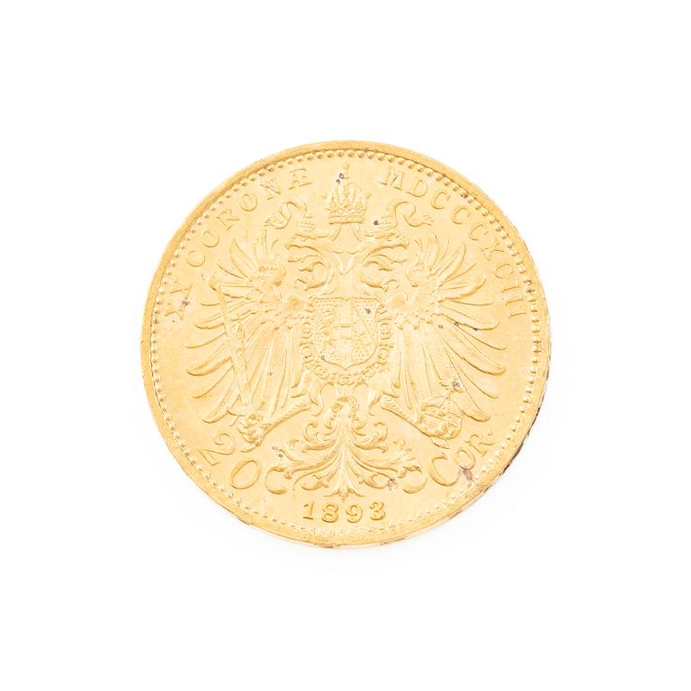 Guldmynt, Österrike-Ungern, 20 Corona, 1893.