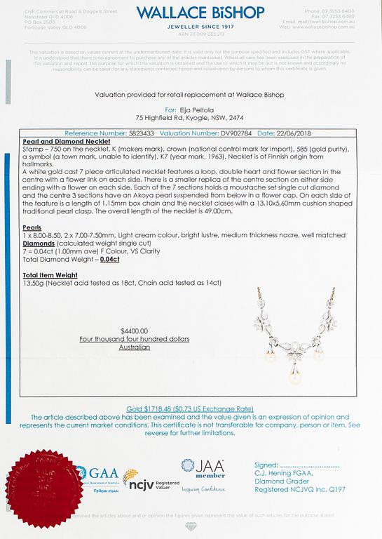 An 18K white gold necklace with cultured pearls and diamonds ca. 0.04 ct in total. Finnis import marks 1963.