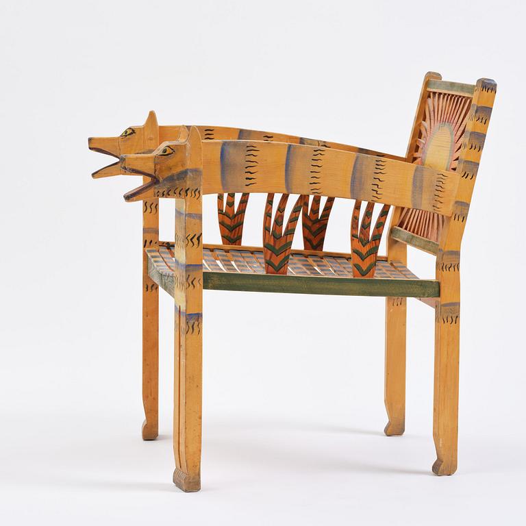 Gérard Rigot, a sculpted and painted oak chair, exectued in his studio, France, second half of the 20th century.