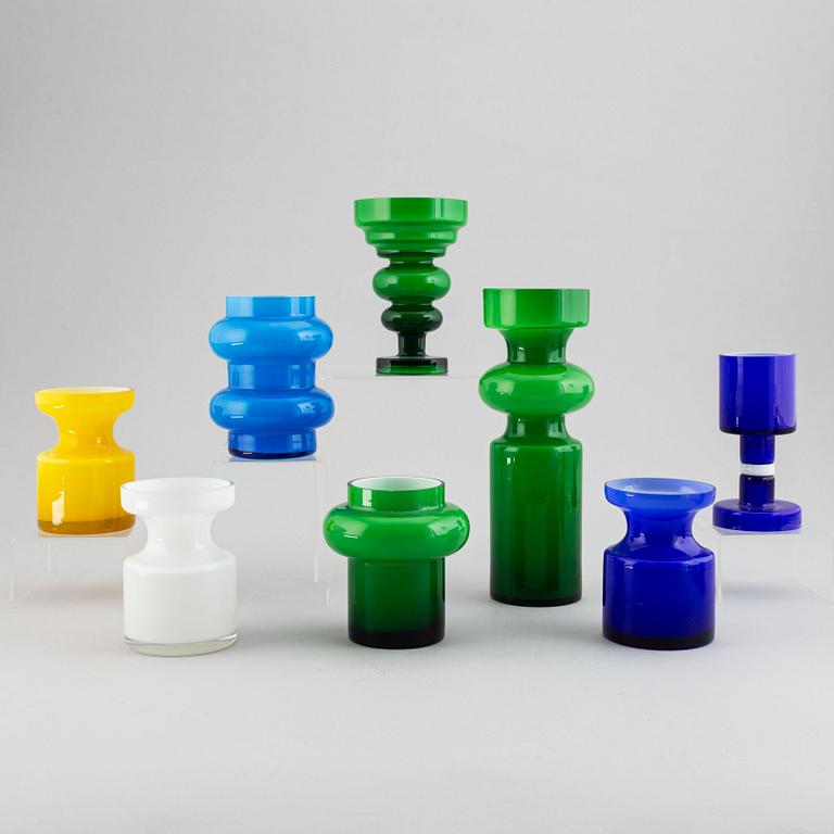 PO Ström, a set of 8 glass vases, Alsterfors Glassworks, Sweden, 1960/70's.