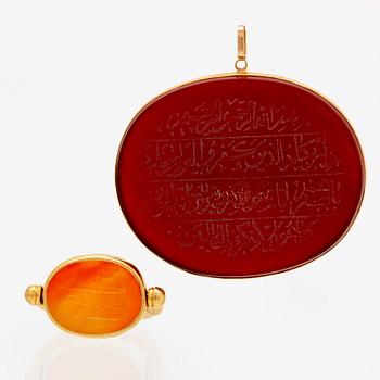 Ring and pendant, 18k and 14K (pendant), carnelian inscribed.
