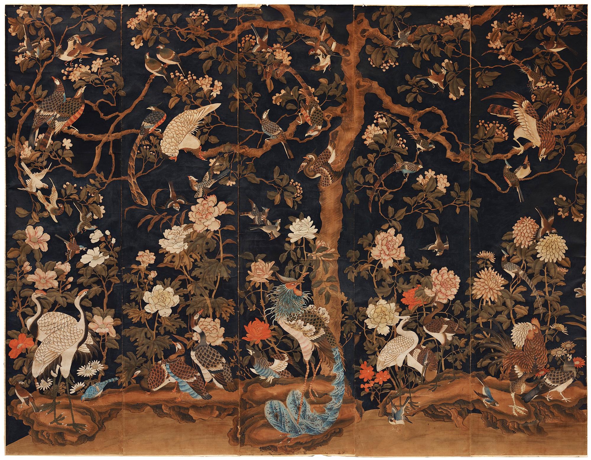Tapet, gouache på papper, Qingdynastin (1644-1912).