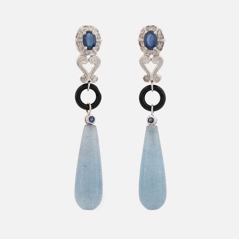 Sapphire, eight cut diamond, onyx and aquamarine drop earrings.