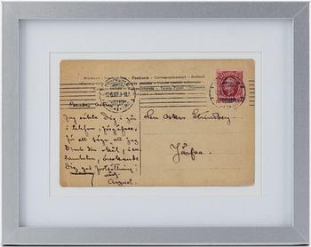 Handskrivet vykort från August Strindberg till dennes bror.