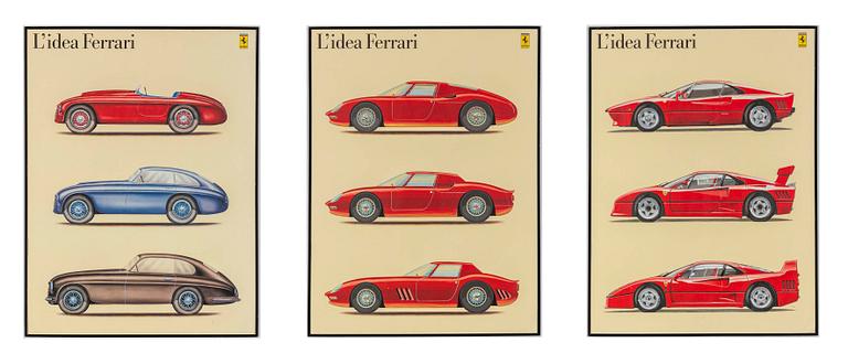 Three posters, 'L'idea Ferrari'.
