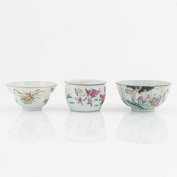 Two bowls and a soap cup, porcelain, China, late Qing dynasty.