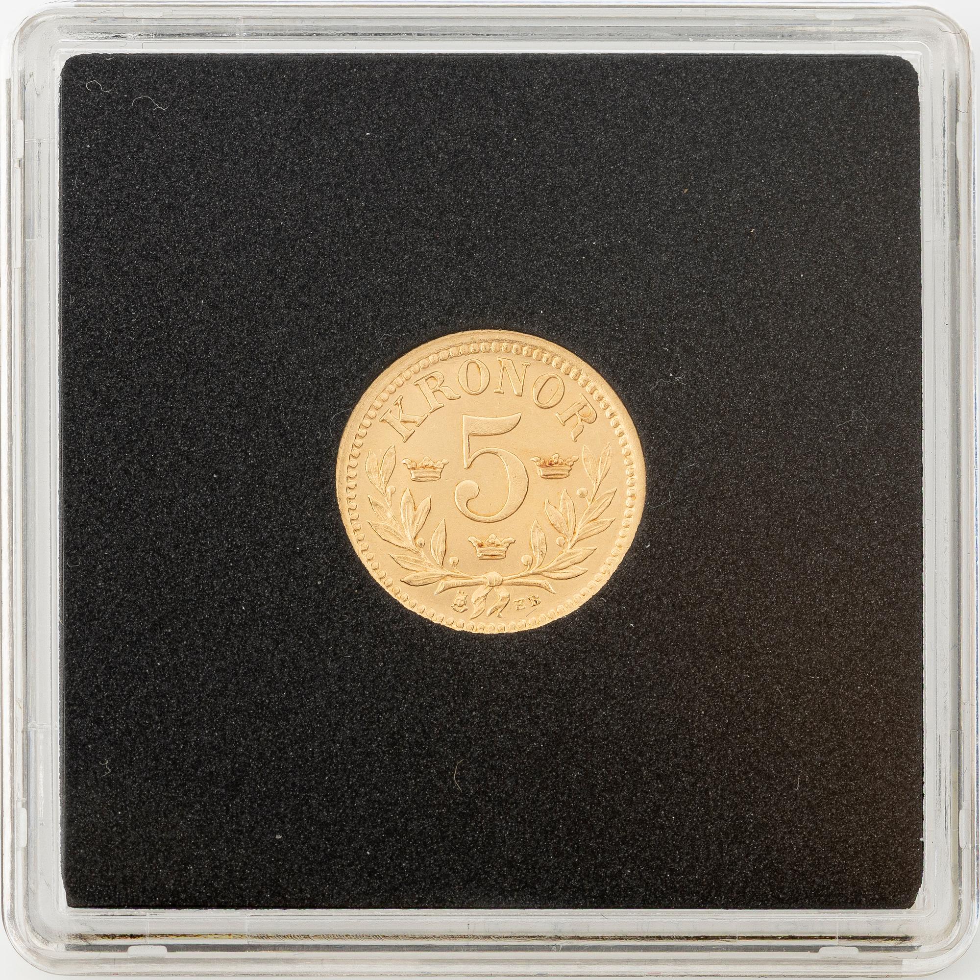 Guldmynt, Oscar II, 5 kronor, typ I, Sverige 1883.