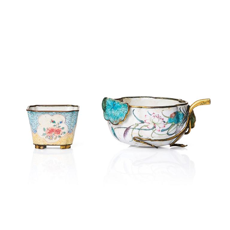 Two Chinese enamel on copper cups, Qing dynasty, 18th Century.