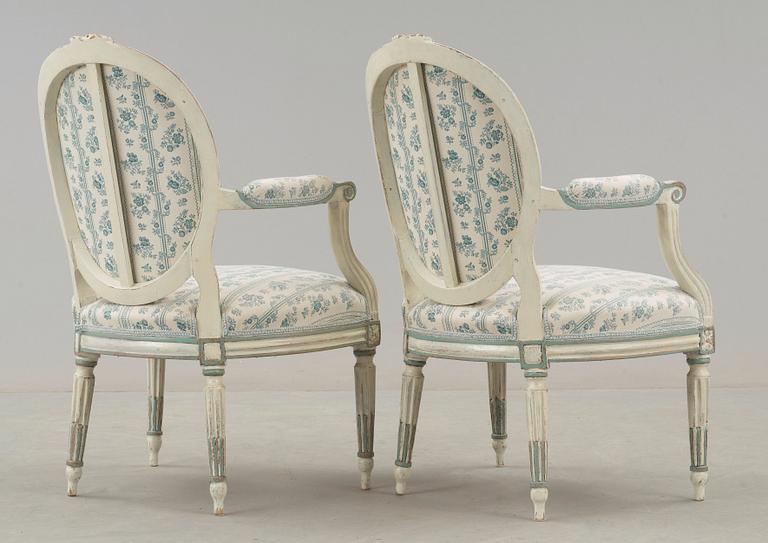 SOFFA, SAMT KARMSTOLAR, ett par. Louis XVI-stil, 1800-tal.