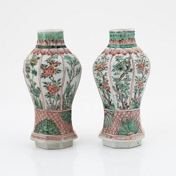 A matched pair of famille verte vases, Qing dynasty, 18th Century.