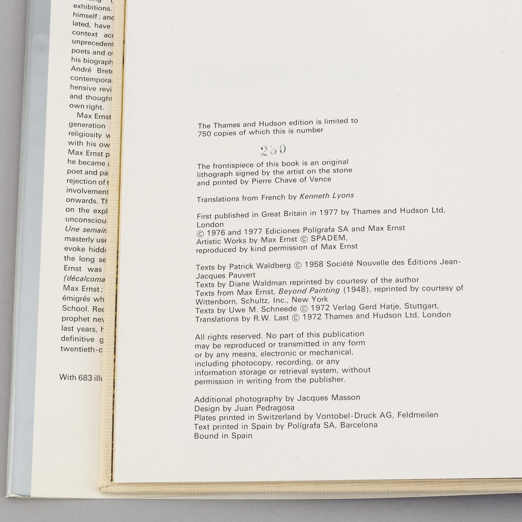 BOOK, "Max Ernst", av Edward Quinn, utgiven av Thames and Hudson, 1977.