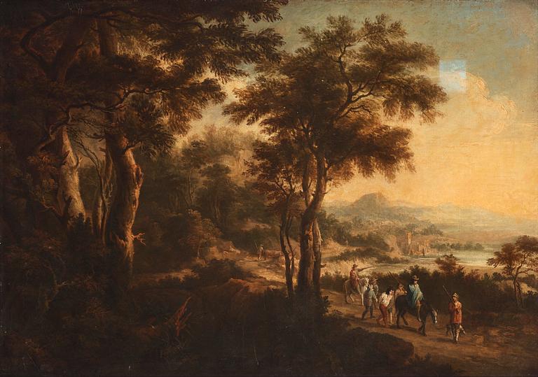 Jacques d'Arthois Attributed to, An extensive Italian landscape with a prison guard transport.